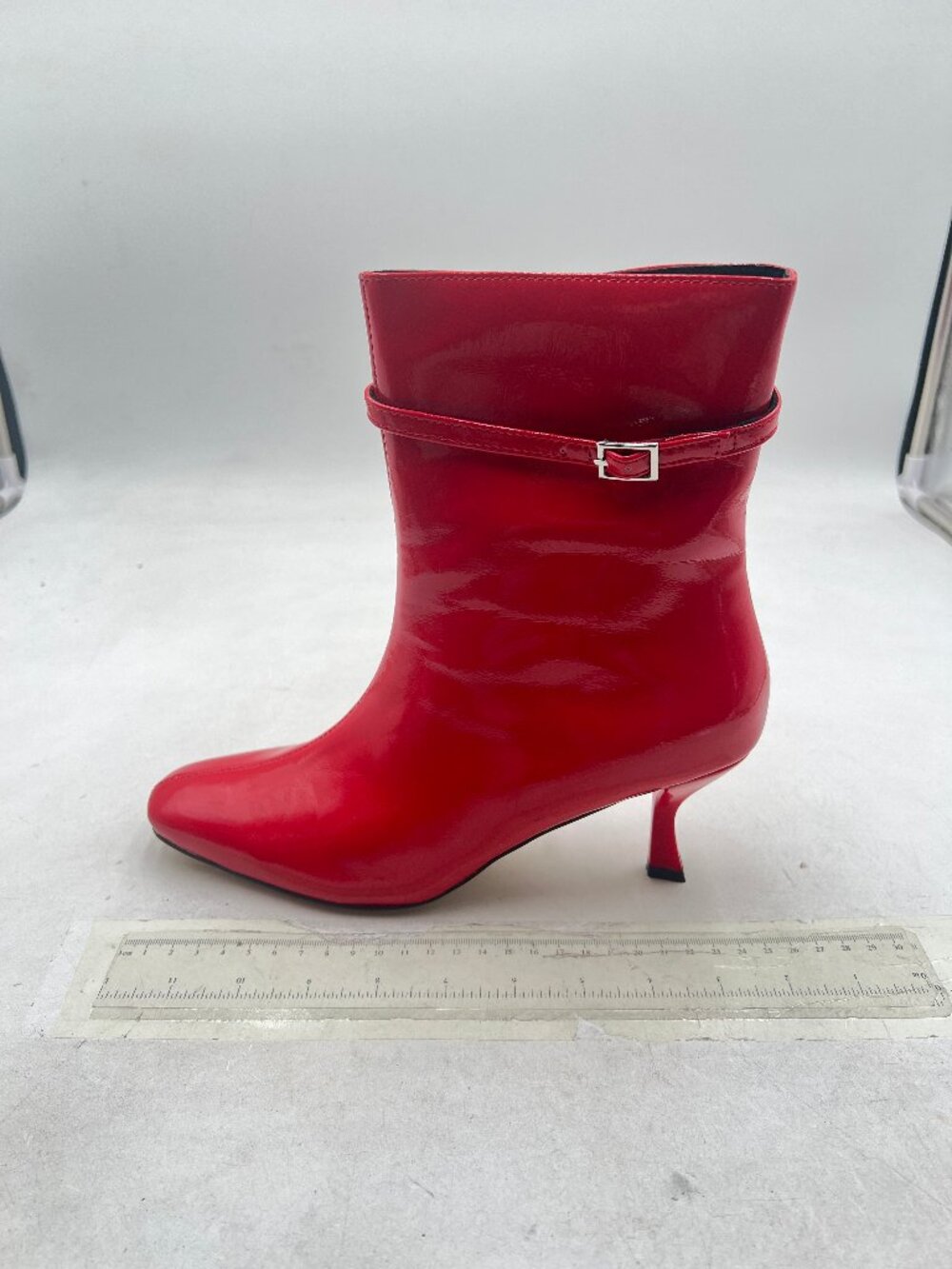 Red Womens Ankle Booties Low Heel Buckle Strap Square Toe Side Zipper Shoe